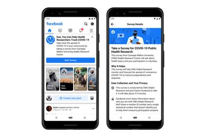 Facebook también ofrecerá en su red social una encuesta optativa elaborada por el Centro de Investigación Delphi de la Universidad Carnegie Mellon (CMU) para desarrollar de mapas de calor a partir de los reportes voluntarios de síntomas