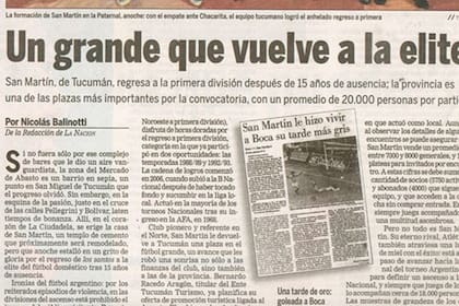 fácsimil de la nota de La Nación cuando San Martín logró su último ascenso a primera división