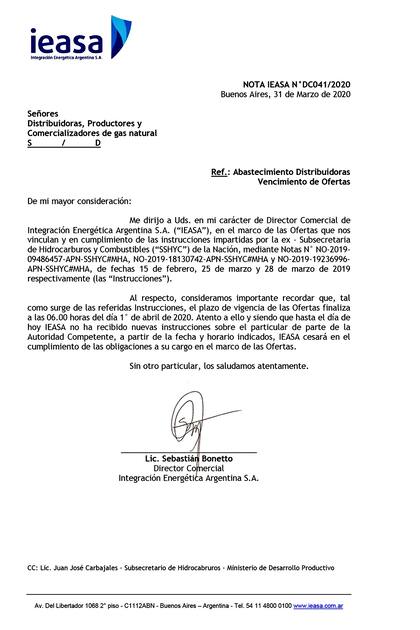 Facsímil de la nota que envió la exEnarsa a las empresas del sector diciendo que no había recibido órdenes de continuar con la venta de gas subsidiado.
