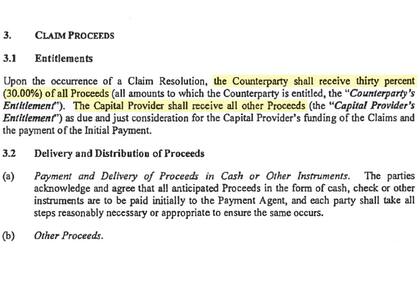 Facsímil del contrato firmado por la Justicia española como gestora de la quiebra de las empresas de los Eskenazi y la subsidiaria de Burford. Allí se detalla que las empresas Petersen recibirán el 30%.