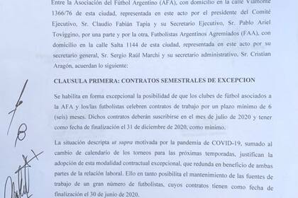 Facsímil del contrato marco celebrado entre Agremiados y la AFA que habilita a los clubes a firmar contratos entre julio y diciembre de este año.
