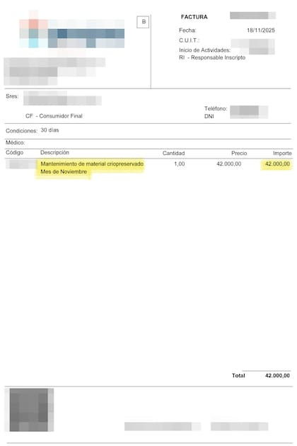 Factura de noviembre por el mantenimiento de óvulos vitrificados