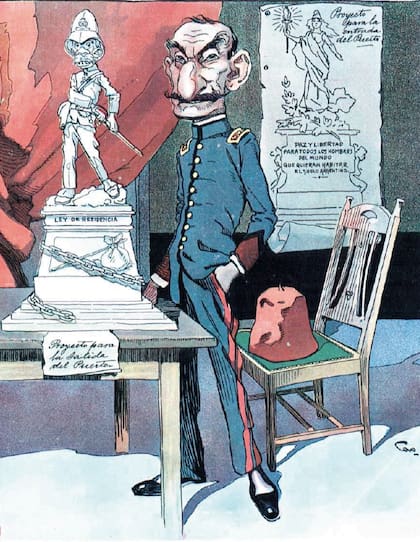 Falcón retratado por Cao para la portada de Caras y caretas. En el dibujo se ve el fez, apoyado en la silla. Era su sombrero preferido de entrecasa.
