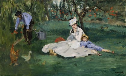 Familia Monet en su jardín Argenteuil, por Edouard Manet, 1874, pintura impresionista francesa. Manet y Renoir eran invitados de Monet cuando se pintó esta obra.