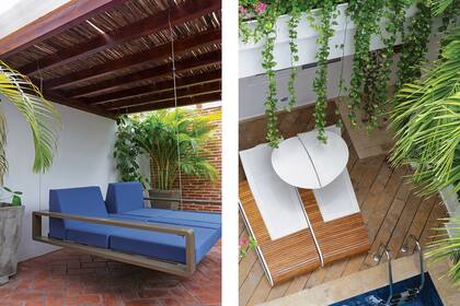 Junto a la pileta, reposeras francesas ‘Tandem’, de la firma Ego Paris, en teca y tela náutica con sombrilla ‘Pétalo’.