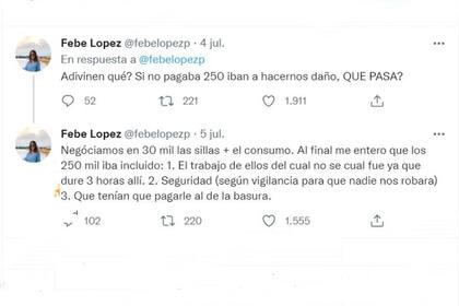 Febe López denunció, además, que fue intimidada para pagar lo que decía la cuenta