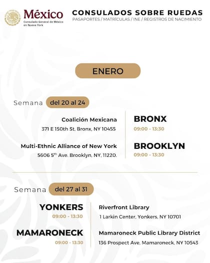 Fechas del consulado móvil de México en Nueva York (Consulado General de México en Nueva York)