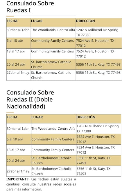 Fechas del Consulado sobre Ruedas en Texas