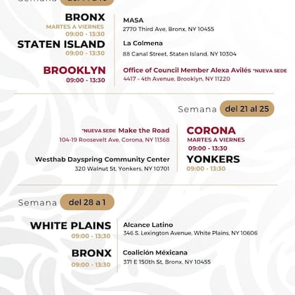 Fechas del Consulado sobre ruedas en Nueva York (FB Consulado de México en NY)