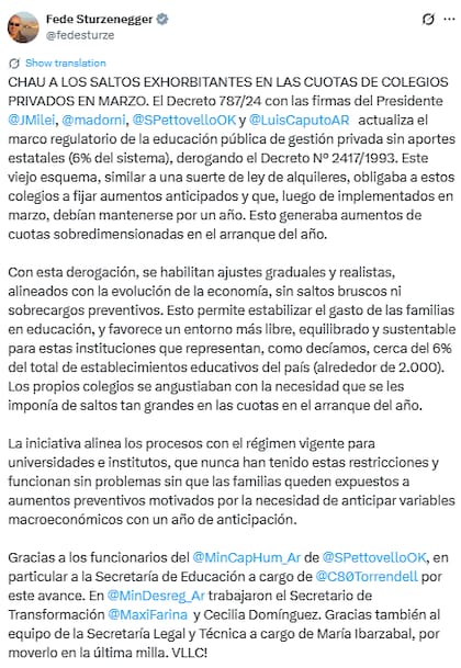 Federico Sturzenegger sobre la nueva medida del Gobierno sobre la desregulación de las cuotas y matrículas de colegios privados (X: @fedesturze)