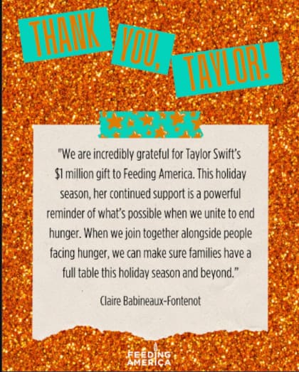 Feeding America agradeció a Taylor Swift la donación de un millón de dólares en apoyo a la lucha contra el hambre en Estados Unidos (Instagram/@feedingamerica)