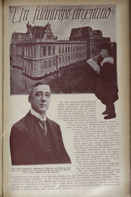 Félix Fernando Bernasconi legó su fortuna al Consejo Nacional de Educación en 1905. Murió en Paris en 1914, y la piedra fundamental del Bernasconi se puso siete años, más tarde: en 1921
