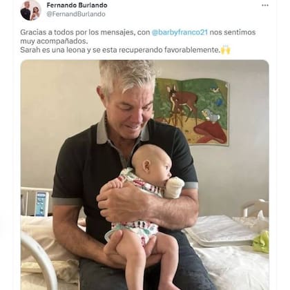 Fernando Burlando agradeció en Twitter los mensajes interesados en la salud de su pequeña hija Sarah, a la vez que informó que la beba continúa recuperándose de la infección urinaria por la que debió ser internada
