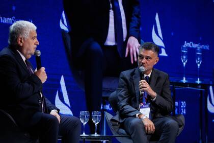Fernando Vilella, secretario de Agricultura, durante su charla en el Summit de la Amcham 2024, junto a Fernando Cozzi, country representative de Cargill