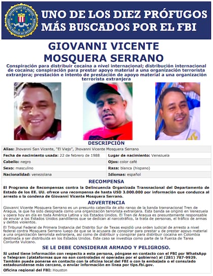 Ficha de búsqueda del "El Viejo", presunto líder del Tren de Aragua.