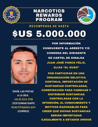 Ficha de recompensa de la DEA por "El Ruso" (X @StateINL)