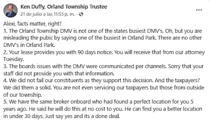 Fideicomisario Ken Duffy responde al Secretario de Estado de Illinois (Facebook/Ken Duffy, Orland Township Trustee)