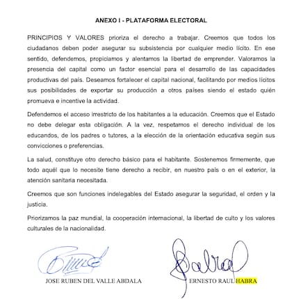 Firma de Ernesto Habra como apoderado de Principios y Valores
