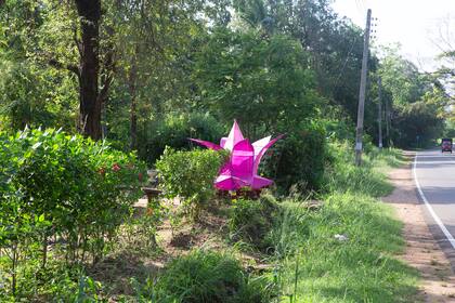 Flor en papel en el frente de una casa a la vera de la ruta.