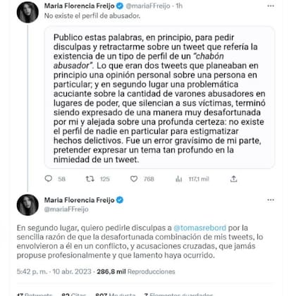 Flor Freijo escribió sus disculpas hacia Tomas Rebord este lunes