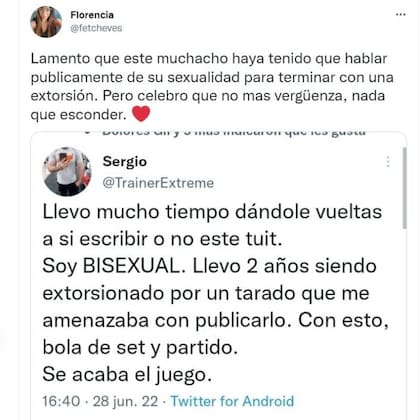Florencia Etcheves compartió el tuit de Sergio en el que revelaba su orientación sexual y manifestó su apoyo