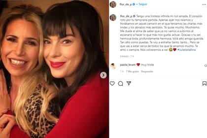 Florencia Peña expresó su tristeza por la partida de su amiga y le dedicó un emotivo posteo en redes (Foto: Instagram @flor_de_p)