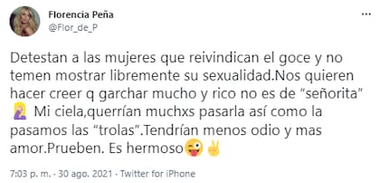 Florencia Peña salió a respaldar a Victoria Tolosa Paz en Twitter tras su polémica frase sexual sobre el peronismo