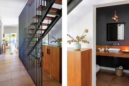 Florero (Falabella). En el toilette, revestimiento texturado gris oscuro (Quimtex). Lámpara de pared (Tienda de Hierros). Sanitarios (Ferrum). Canasto (Falabella). Velas (Bohemia Velas).