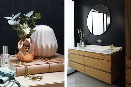 Floreros facetados comprados en Dinamarca. Derecha: Vanitory colgante de petiribí (Mesopotamia BA). Mesada de Corian blanco con bacha incorporada. Grifería monocomando de pared ‘Axor Uno2’ de Hansgrohe (Folk). Espejo circular con marco de hierro (Mesopotamia BA).