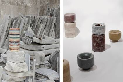 Floreros y piezas para diversos usos realizados con traforos en mix de piedras, piezas seriadas desarrolladas por Gastón en el taller.