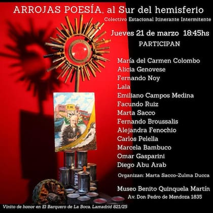 Flyer de "Arrojas Poesía, al sur del hemisferio" con la imagen de un altar consagrado a "San Benito Quinquela"