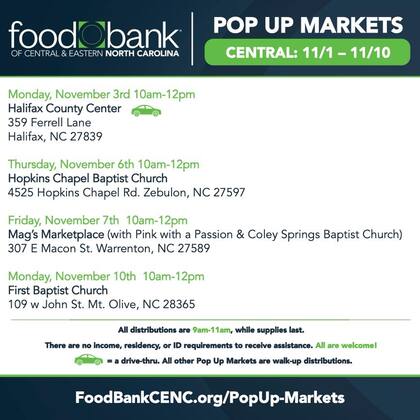 Food Bank of Central & Eastern North Carolina publicó en su cuenta de Facebook el calendario con los mercados temporales que tendrán en noviembre (Facebook/Food Bank of Central & Eastern North Carolina)