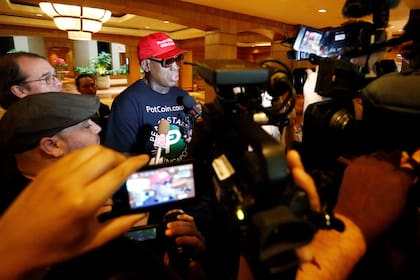 Former U.S. basketball star Dennis Rodman makes an appearance at Regent Hotel in Singapore, June 12, 2018. REUTERS/Feline Lim