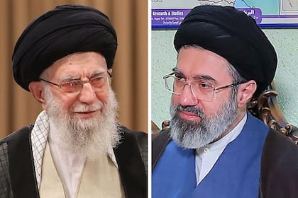 Foto combinada que muestra al líder supremo de Irán, Ali Khamenei, durante el balotaje presidencial en Teherán el 5 de julio de 2024 (izq.), y a su hijo Mojtaba Khamenei en una imagen difundida por la oficina del líder supremo el 30 de octubre de 2024