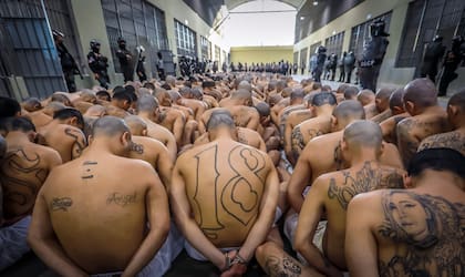 Foto de archivo difundida por la Secretaría de Prensa de la Presidencia de El Salvador que muestra la llegada de reclusos pertenecientes a las pandillas MS-13 y 18 al nuevo centro penitenciario "Centro de Reclusión de Terroristas" (CECOT), en Tecoluca, 74 km al sureste de San Salvador, el 24 de febrero de 2023.