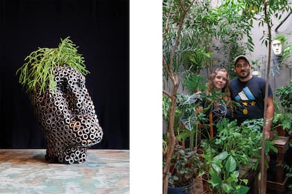 Foto de la izquierda: El vivero La Flor de Gero también hace arte con hierro. Foto de la derecha: Flor y Gero en su emprendimiento. 
