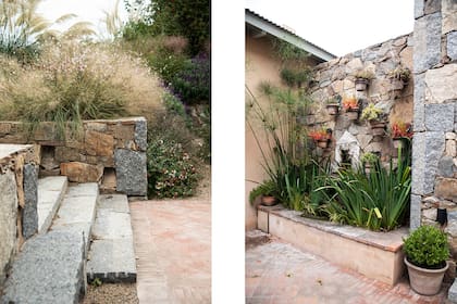 Foto de la izquierda: Las escalinatas se realizaron con piezas de piedra y la iluminación se encuentra entre huecos en la piedra para que no se vean los artefactos. Foto de la derecha: Patio con fuente de agua con papiros, iris, acorus y macetas colgantes con crasas.