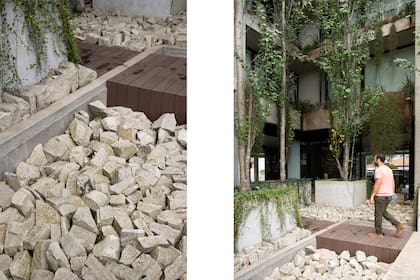 Foto de la izquierda: las piedras estilo Mar del Plata.
Foto de la derecha: la armonización de lo verde con el edificio. Las plantas a la pared dan una sensación de bosque. 