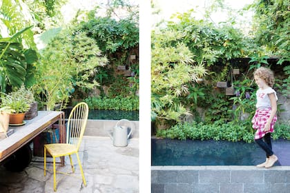 Con caída leve hacia el centro para lograr un espejo de agua, la pileta tiene laterales de pórfido gris y revestimiento de venecitas violetas.