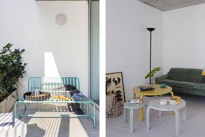 Juego de mesa y sillón (El Yeite). Cesta negra y servilletas amarillas (Claudia Adorno). Manta tejida a mano (Elementos Argentinos).