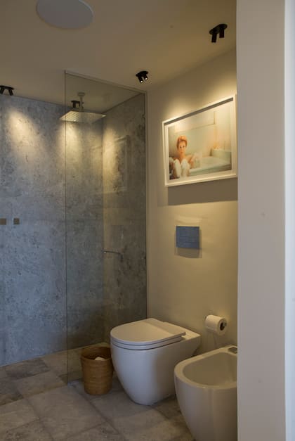 Griferías y accesorios Chaltén (FV). Inodoro y bidet corto Fontana (Ferrum). Mampara (Shawer). Cuadro "Raíz" de Ani Buero (Diderot Art).