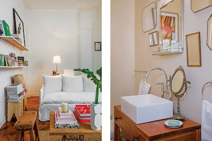 En el escritorio, lámpara de Agüero Iluminación. Banco (La Ferme), tacos 'Álamo' (Sticotti). En el baño, mix de espejos inspirado en The Boca Grande, un speakeasy que visitaron en Barcelona. En el espejo más grande (Landmark) se refleja ‘The Boyfriend’, foto de Mario Testino.