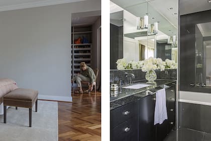 En el baño, revestimiento cerámico negro (SBG) y mesada de granito ‘Negro Brasil’. Mueble laqueado con herrajes cromados (Restoration Hardware). Apliques (Iluminación Agüero).