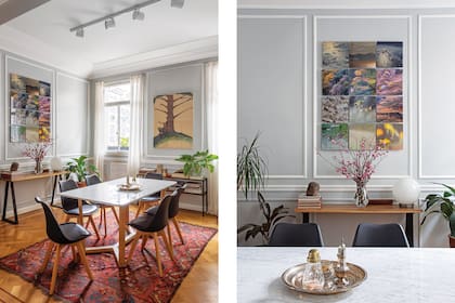 Antigua carpeta, herencia familiar de Juan. La obra que tiene bastidores móviles para jugar con las combinaciones está firmada por por la mamá de Paula, la artista Maite Mazzinghi; ‘Camouflage’, por Eugenio Mazzinghi, otro de sus hermanos.