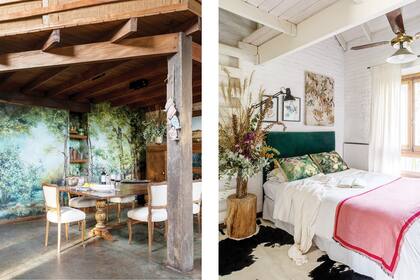 En el comedor, un mural pintado por madre e hija. El dormitorio de Cata tiene respaldo de cama de pana verde, almohadones pintados y manta color crema (Luna Deco).