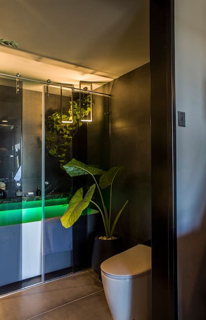 La mampara de baño es de Shawer y el inodoro inteligente de Ferrum.