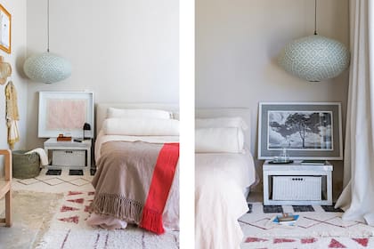 Mesas de madera con tapa de mármol de Carrara, poncho de lana de llama y vela en envase reciclado de vidrio ámbar (Bohemia Velas).