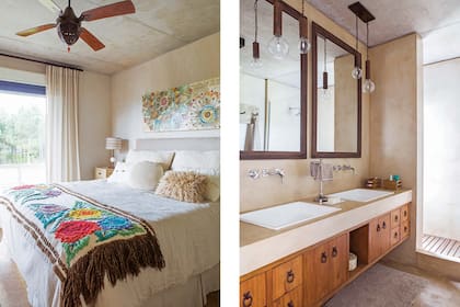 Cuadro de mandalas (Alma de Atelier) y pie de cama bordado traído de Tafí del Valle. Mesas de luz y respaldo del Puerto de Frutos.