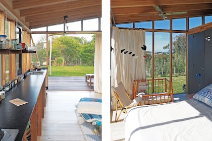 Cuatro paños ciegos pintados con aceite quemado resguardan los placares. Las cortinas son de tussor.