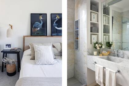 Mesa de noche laqueada en negro y cama de petiribí con respaldo combinado con lino (todo de Nicho). Obras de Clara Frers.